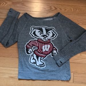 Heather grey Wisconsin Badger sweatshirt.